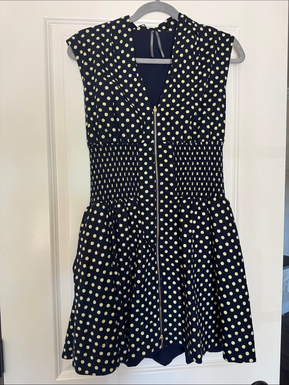Anthropologie Navy and Yellow Polka Dot Zip-Front Dress